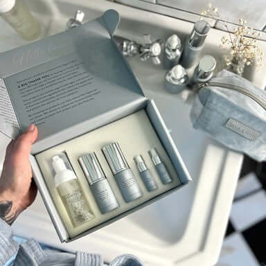 Hudvårdskit – ett ekologiskt hudvårdsset i en silverförpackning, innehållande flera hudvårdsprodukter.