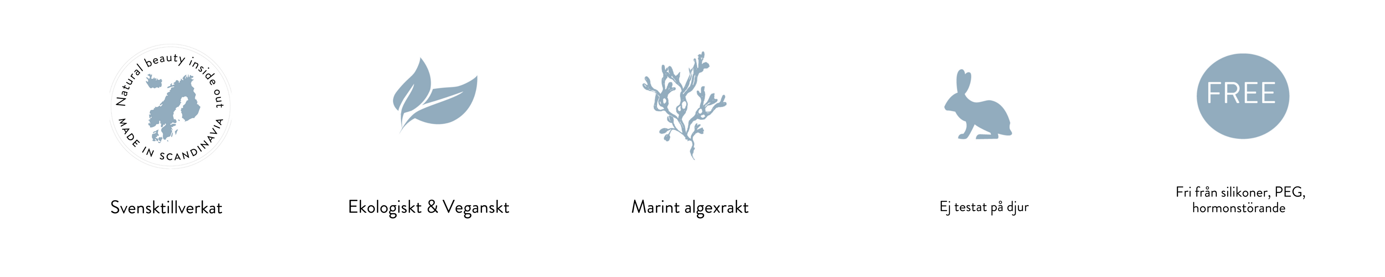 Symboler varför du ska välja Saga of Idun som ekologisk, vegansk, svenskt, ej testat på djur och fri från hormonstörande ämnen