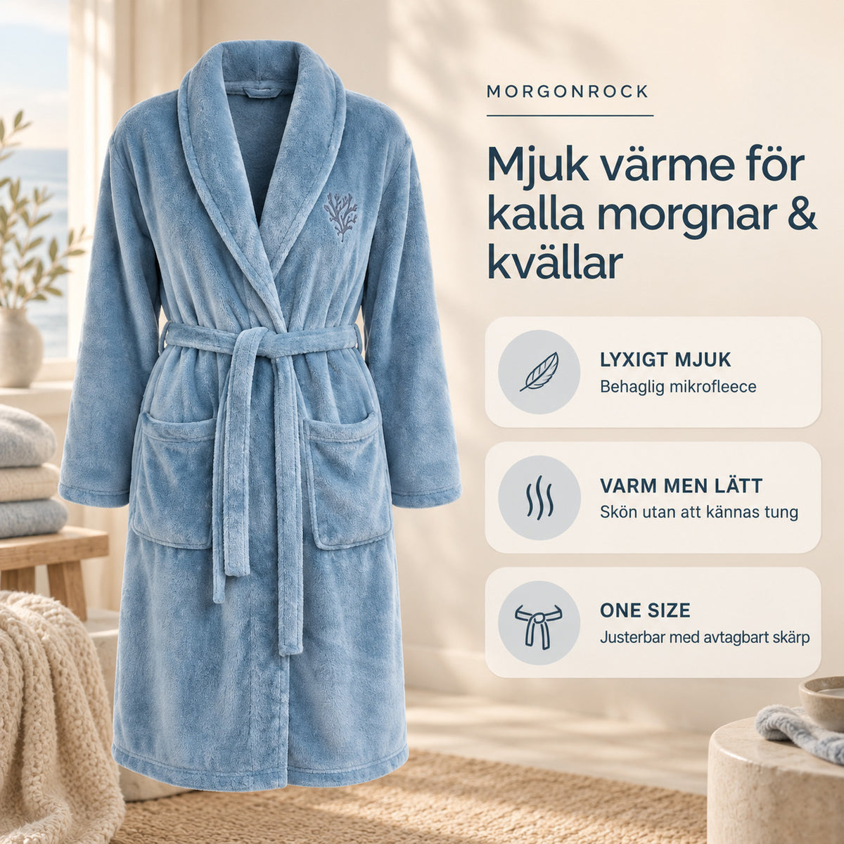 Lyxig morgonrock i mjuk fleece med brodyr